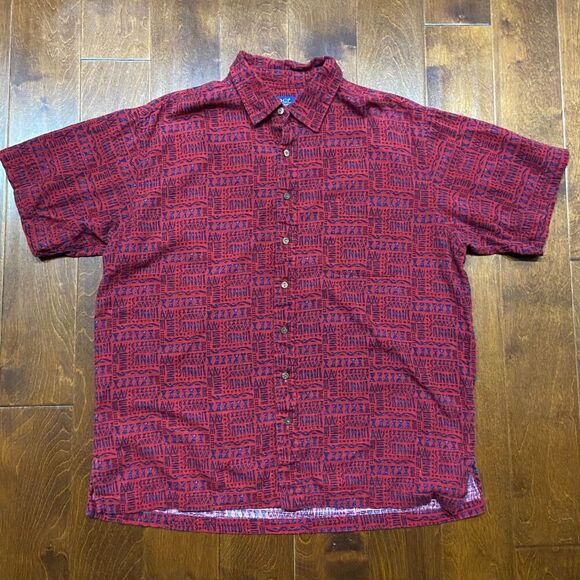 Old College Inn Vintage AOP Tribal Print Red Navy Button Front Casual Shirt XL - Picture 3 of 9